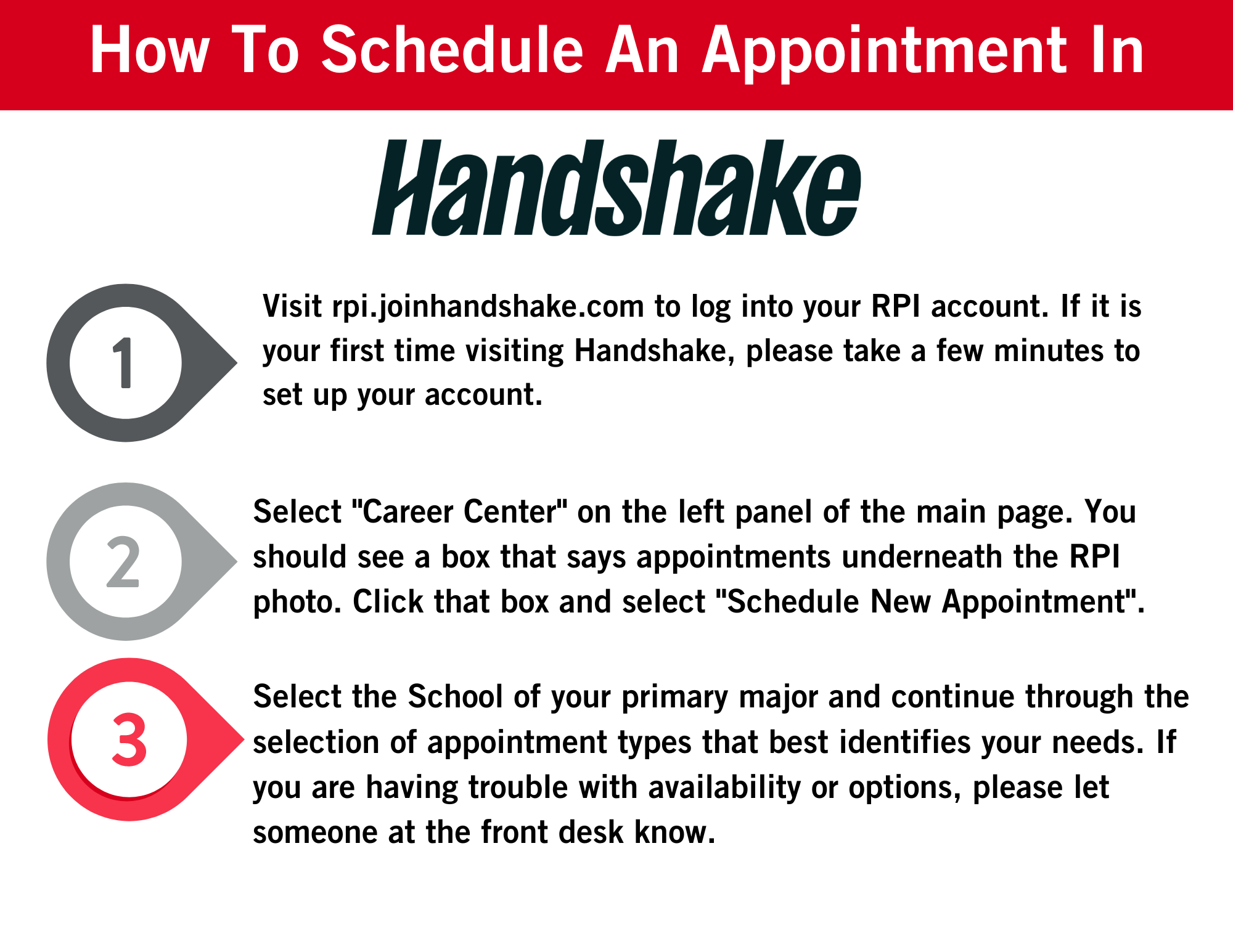 Guided steps on how to make an appointment. Visit rpi.joinhandshake.com to log into your RPI account. If it is your first time visiting Handshake, please take a few minutes to set up your account. Select "Career Center" on the left panel of the main page. You should see a box that says appointments underneath the RPI photo. Click that box and select "Schedule New Appointment". Select the School of your primary major and continue through the selection of appointment types that best identifies your needs. If you are having trouble with availability or options, please let someone at the front desk know. 