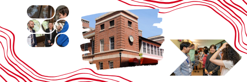 Image of people networking and a building