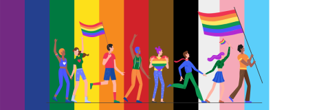 Image with Pride Flag and People walking in parade