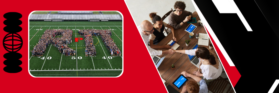 Banner with Photos of students in the shape of the letter R & the Pi Symbol as well as a photo of a group of people at a conference table.